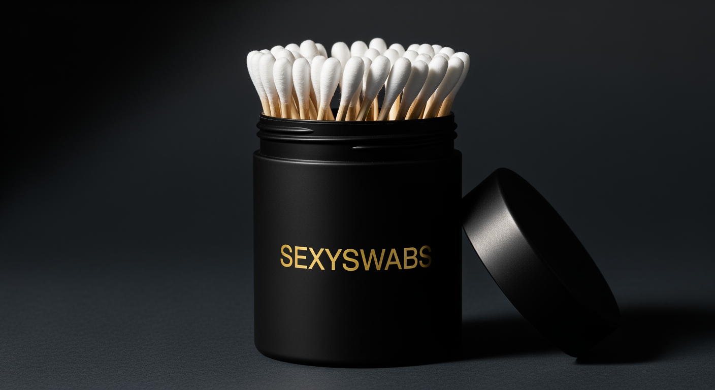 SexySwabs matte black canister with gold lettering, lid resting to the side, premium cotton swabs visible